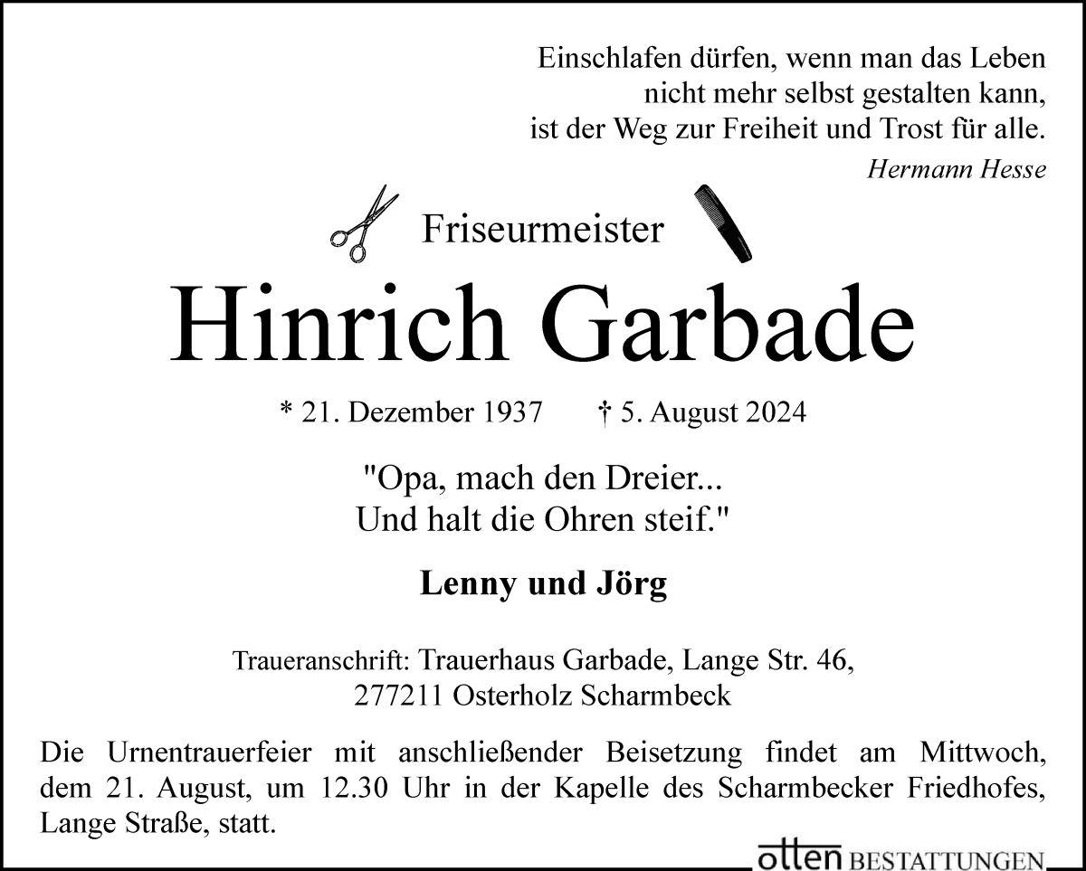 Traueranzeige von Hinrich Garbade von Osterholzer Kreisblatt