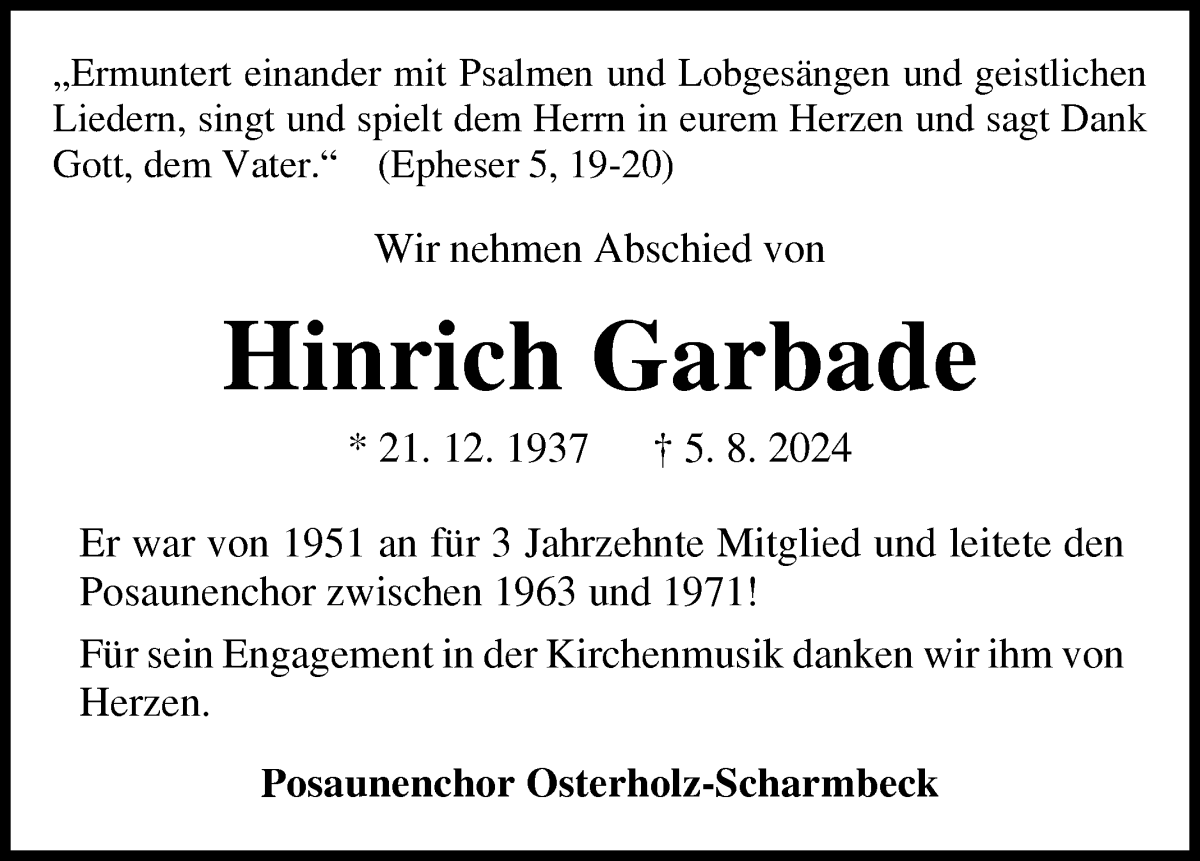 Traueranzeige von Hinrich Garbade von Osterholzer Kreisblatt