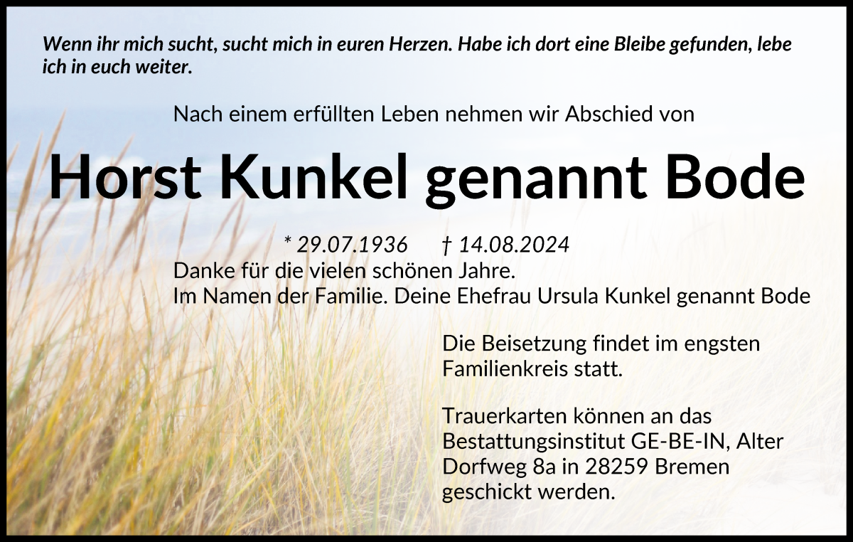 Traueranzeige von Horst Kunkel von WESER-KURIER