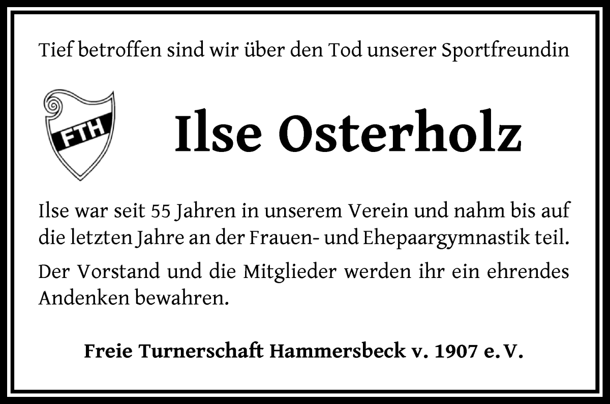 Traueranzeige von Ilse Osterholz von Die Norddeutsche