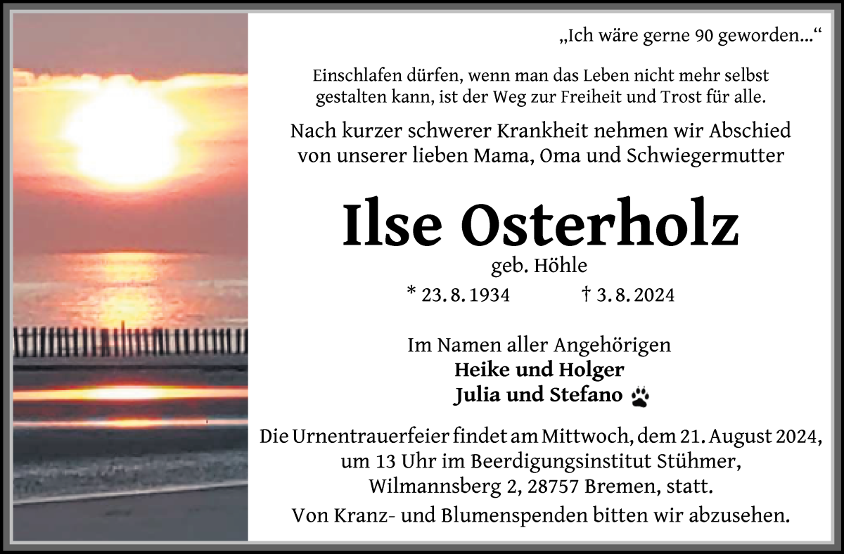 Traueranzeige von Ilse Osterholz von Die Norddeutsche