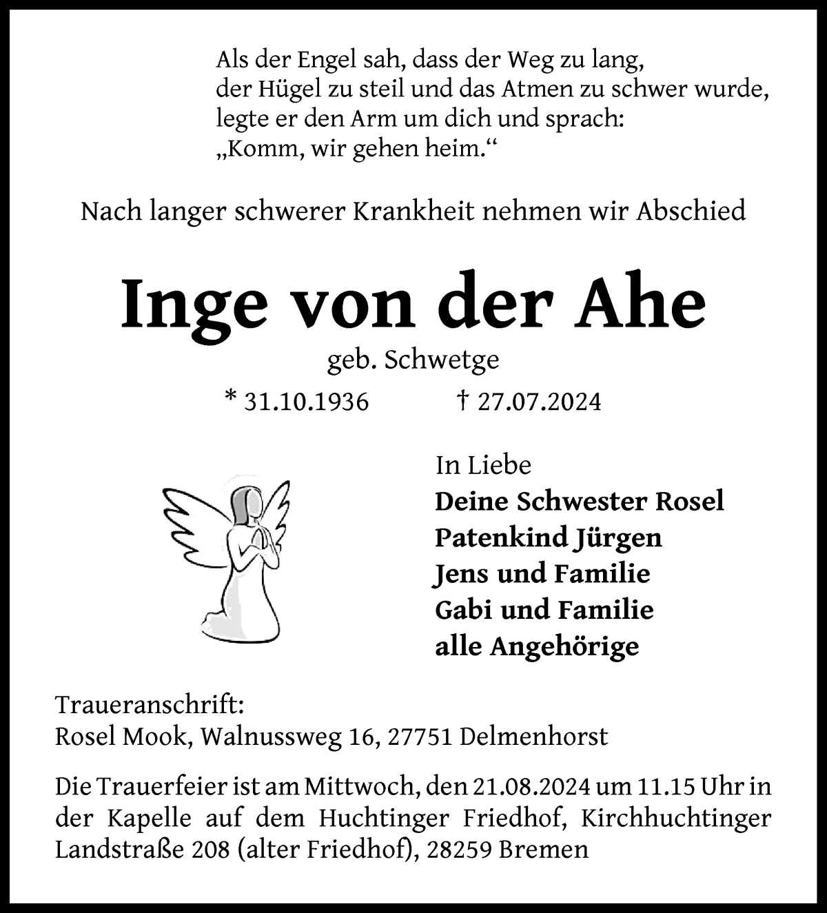 Traueranzeige von Inge von der Ahe von WESER-KURIER