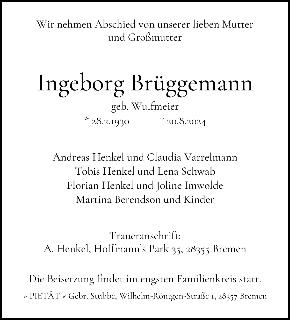 Traueranzeige von Ingeborg Brüggemann von WESER-KURIER