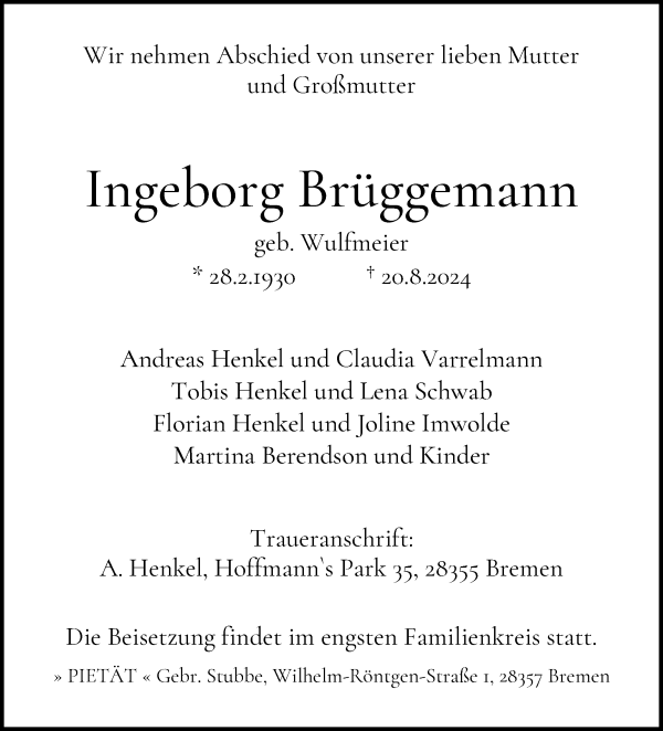 Traueranzeige von Ingeborg Brüggemann von WESER-KURIER