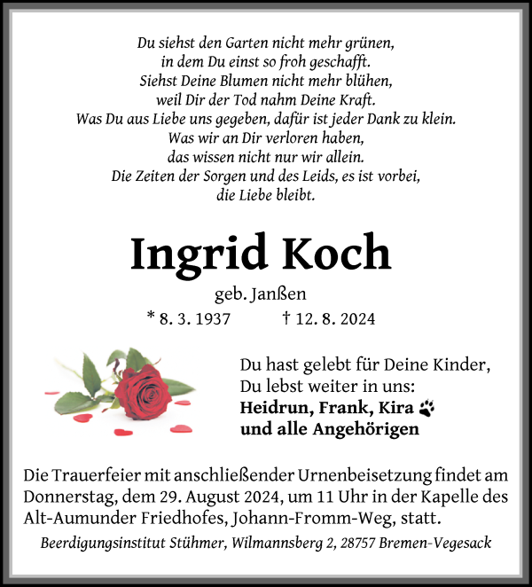 Traueranzeige von Ingrid Koch von Die Norddeutsche