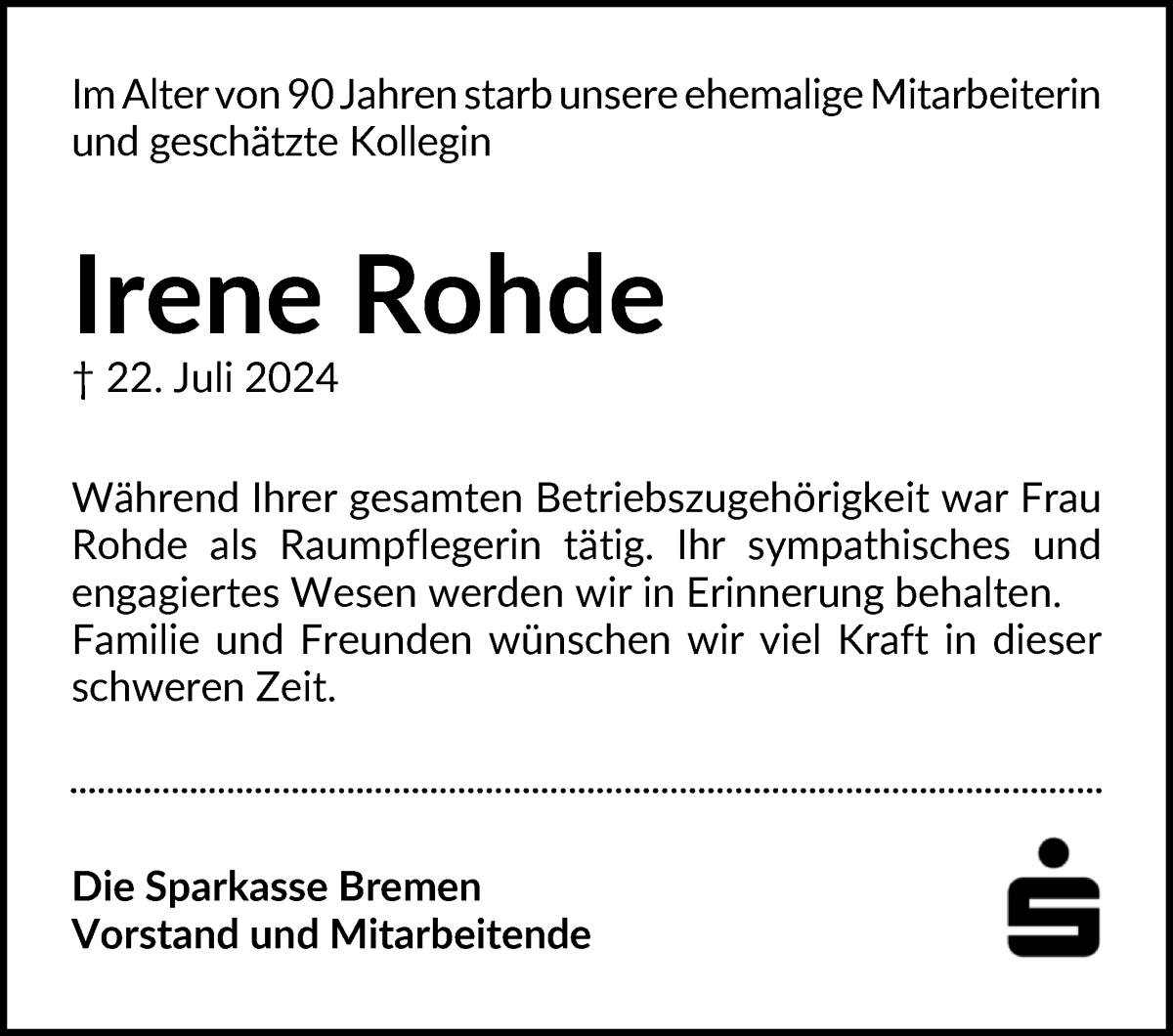 Traueranzeige von Irene Rohde von WESER-KURIER