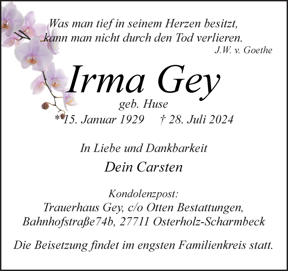 Traueranzeige von Irma Gey von Osterholzer Kreisblatt