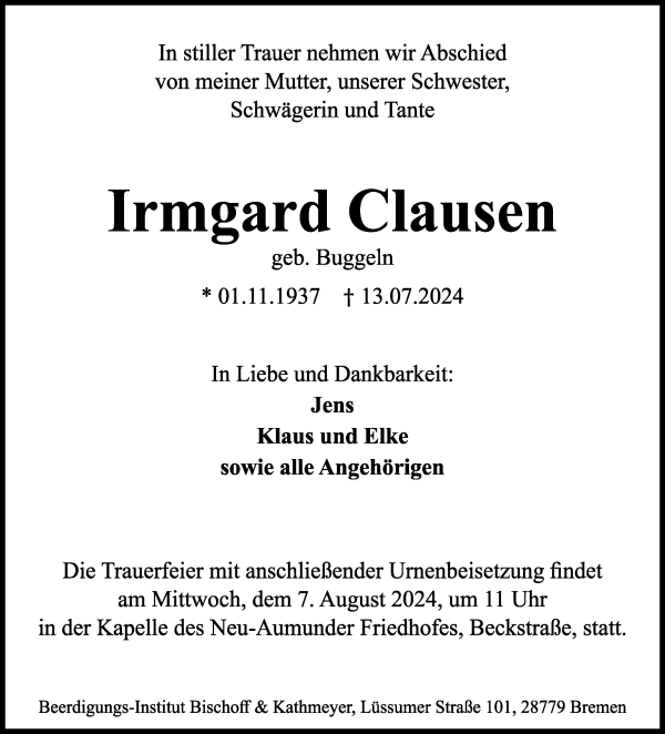 Traueranzeige von Irmgard Clausen von Die Norddeutsche