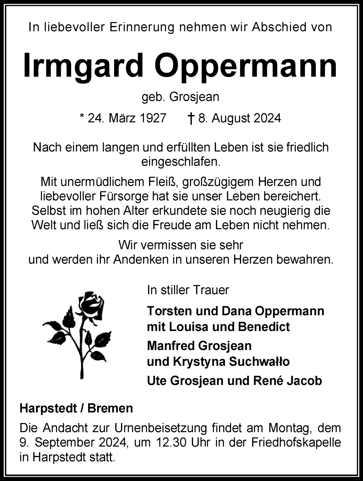 Traueranzeige von Irmgard Oppermann von WESER-KURIER