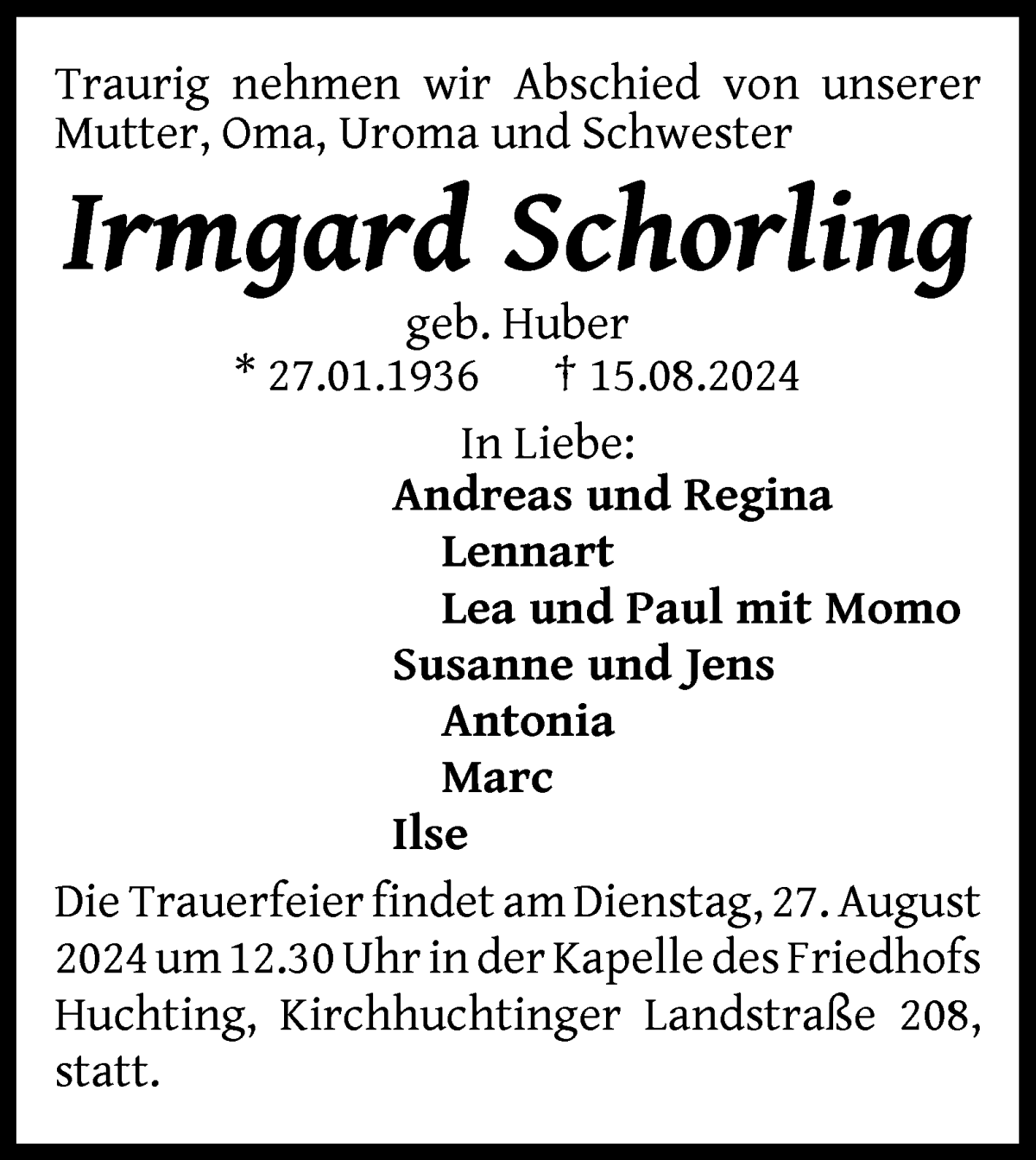 Traueranzeige von Irmgard Schorling von WESER-KURIER