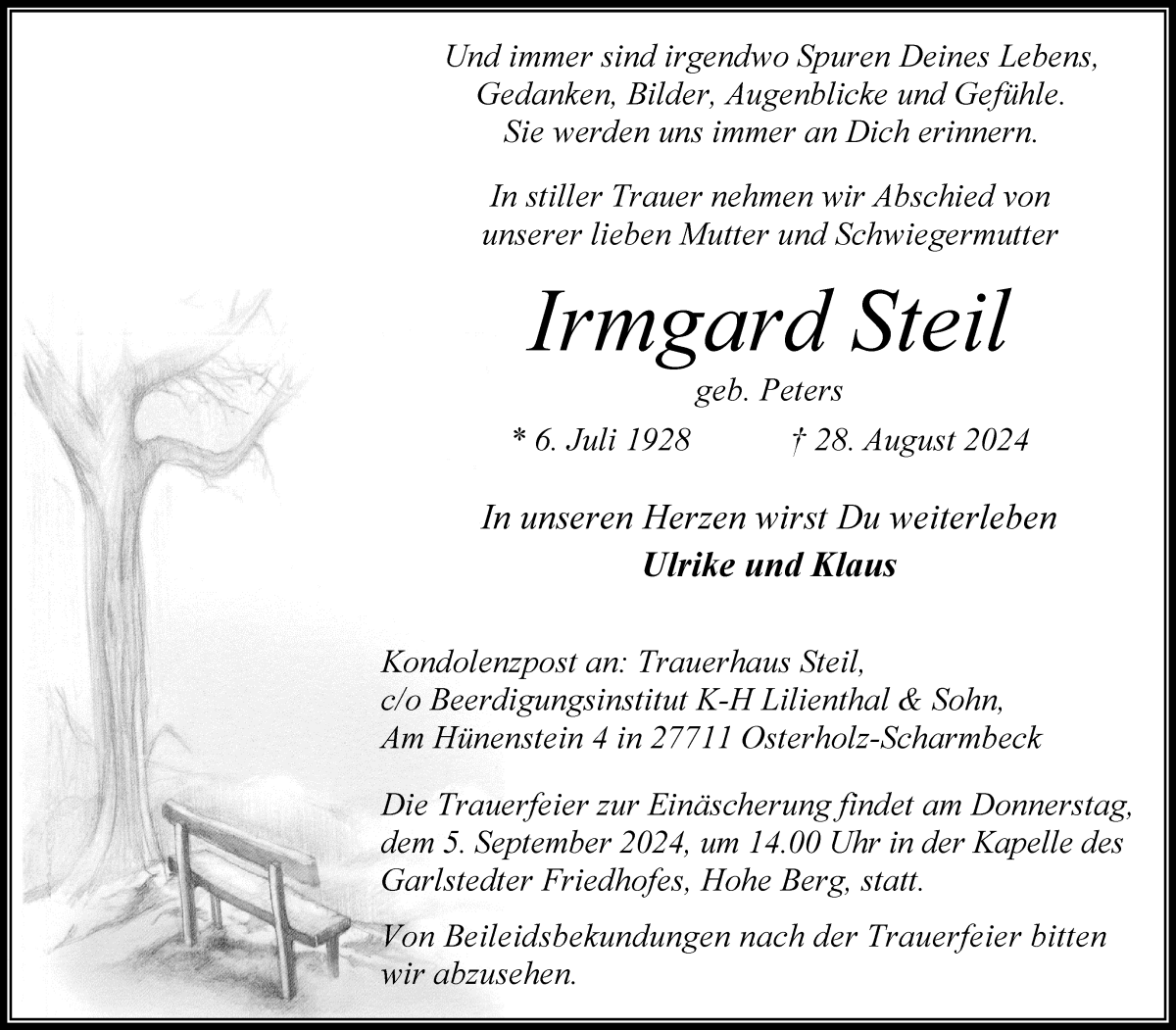 Traueranzeige von Irmgard Steil von Osterholzer Kreisblatt