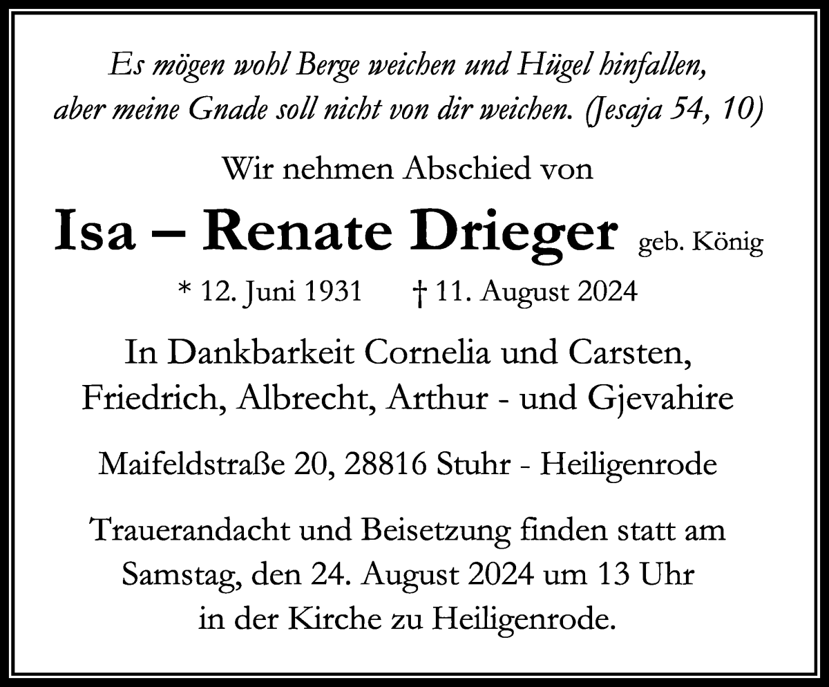 Traueranzeige von Isa–Renate Drieger von WESER-KURIER