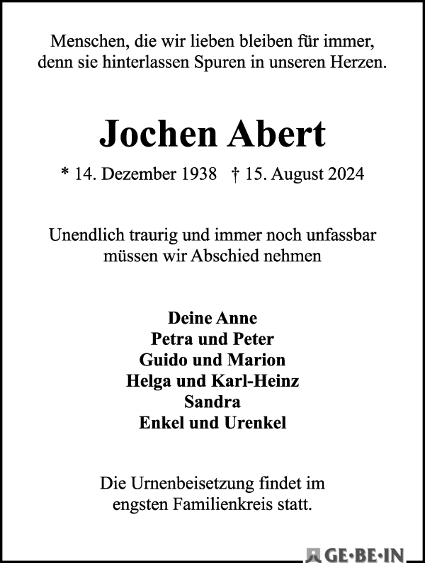 Traueranzeige von Jochen Abert von WESER-KURIER