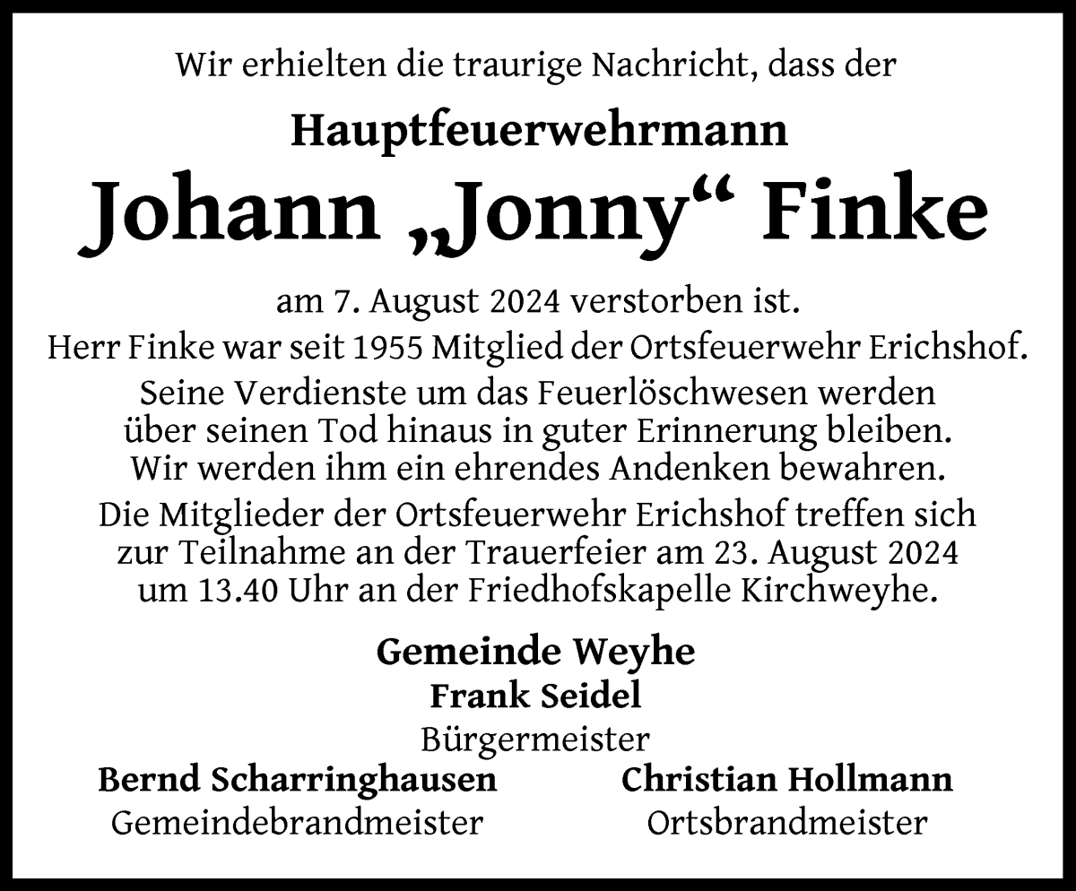 Traueranzeige von Johann Finke von Regionale Rundschau/Syker Kurier