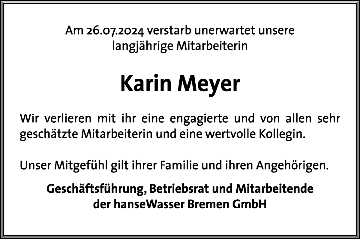 Traueranzeige von Karin Meyer von WESER-KURIER