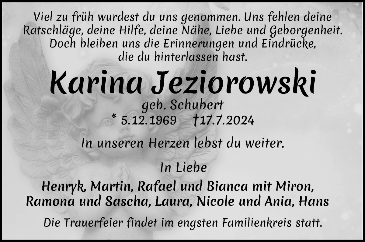 Traueranzeige von Karina Jeziorowski von WESER-KURIER