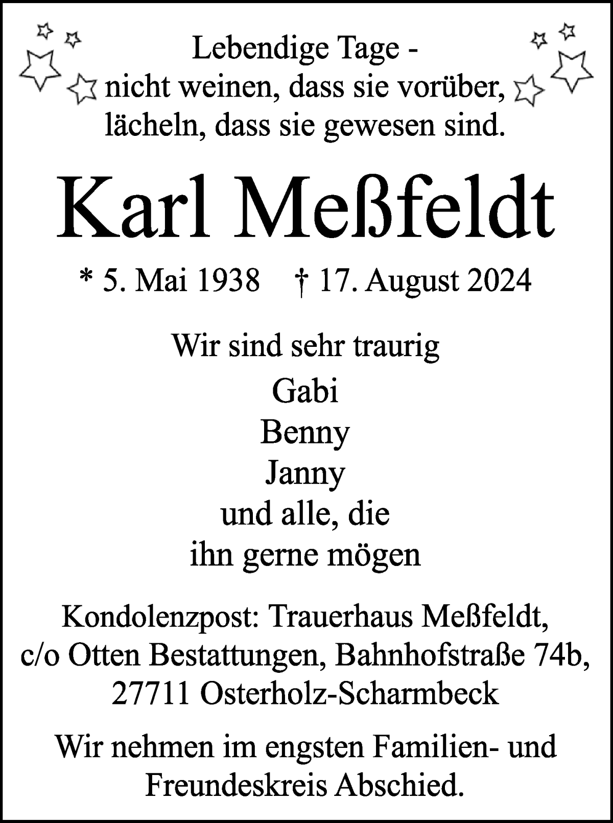 Traueranzeige von Karl Meßfeldt von Osterholzer Kreisblatt