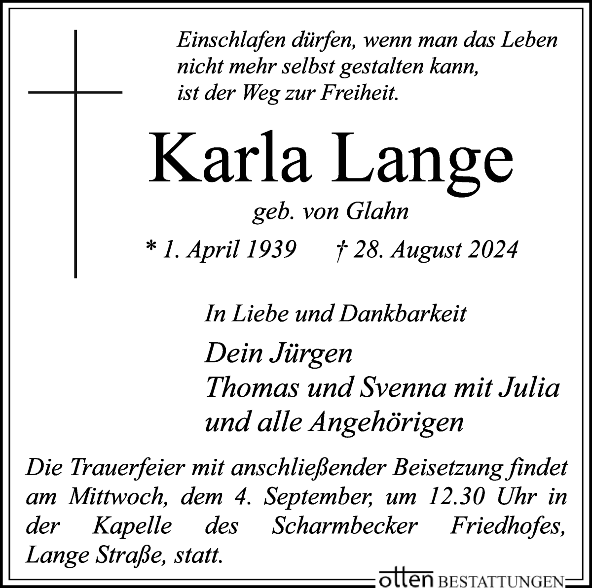 Traueranzeige von Karla Lange von Osterholzer Kreisblatt