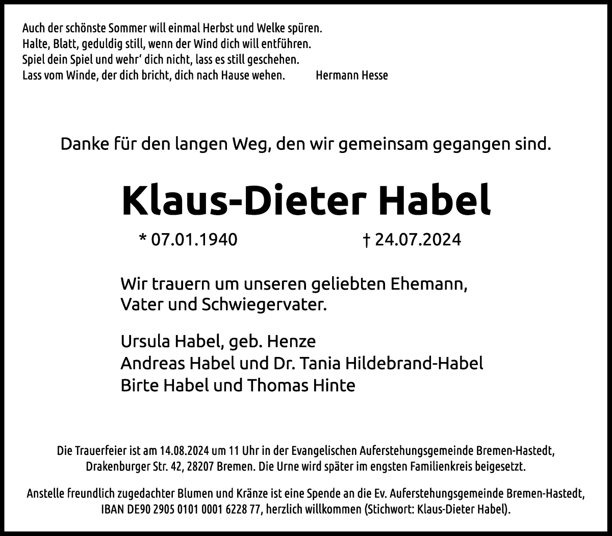 Traueranzeige von Klaus-Dieter Habel von WESER-KURIER