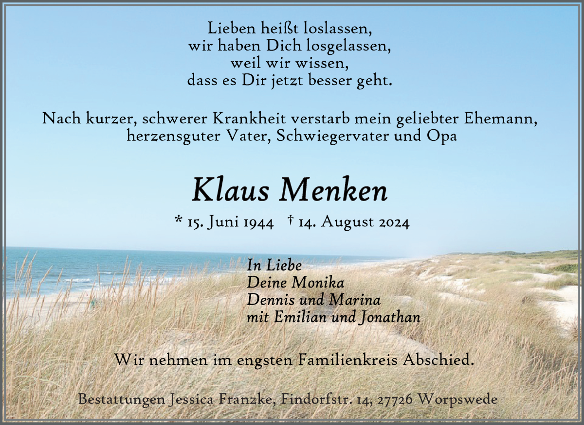 Traueranzeige von Klaus Menken von Wuemme Zeitung