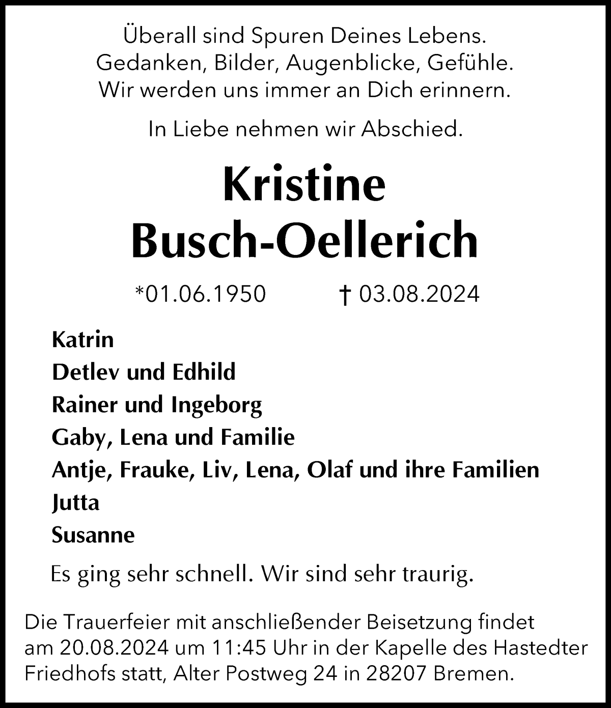  Traueranzeige für Kristine Busch-Oellerich vom 10.08.2024 aus WESER-KURIER