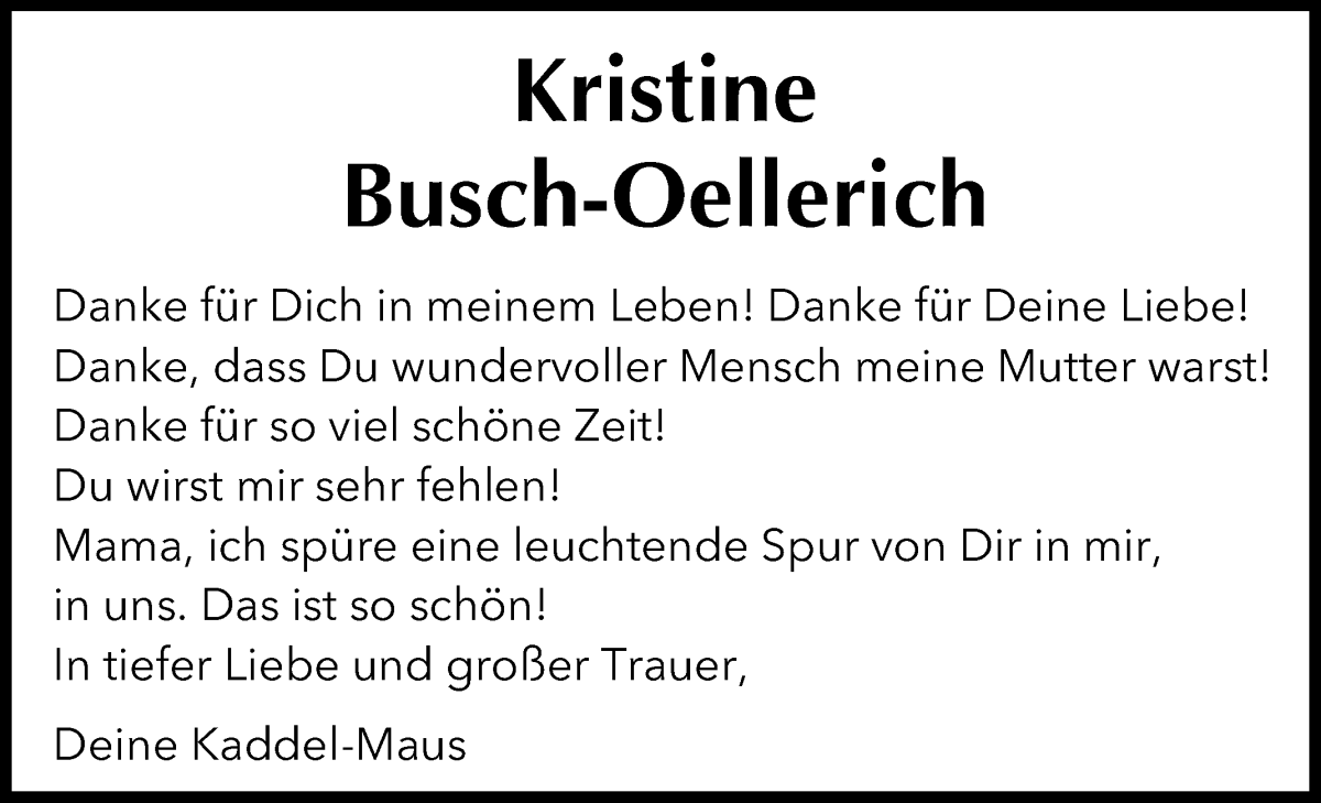  Traueranzeige für Kristine Busch-Oellerich vom 10.08.2024 aus WESER-KURIER