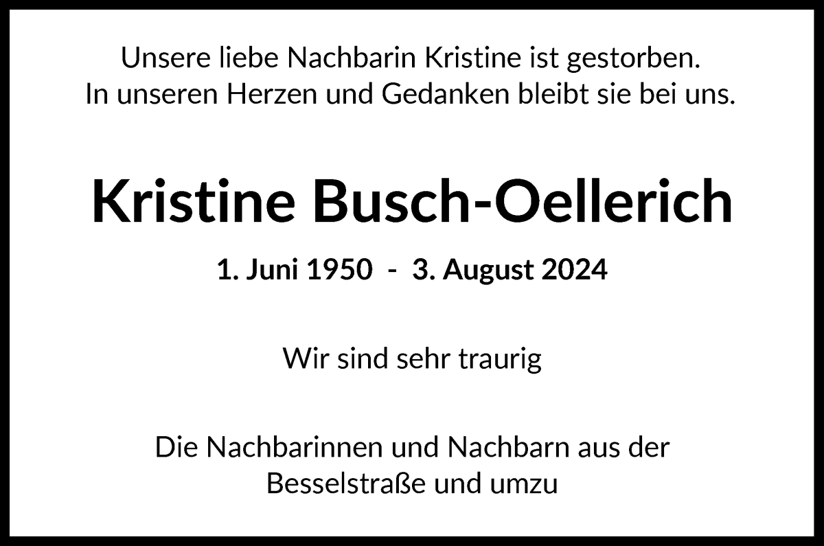 Traueranzeige von Kristine Busch-Oellerich von WESER-KURIER