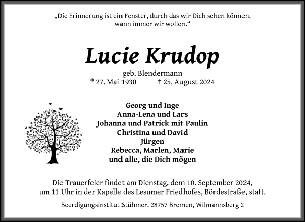 Traueranzeige von Lucie Krudop von Osterholzer Kreisblatt