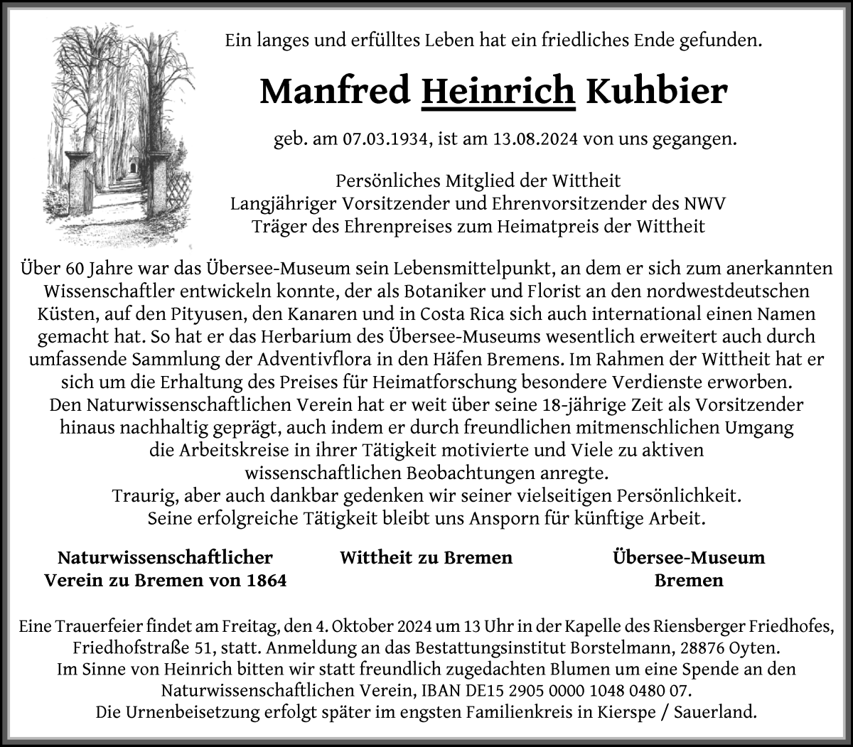 Traueranzeige von Manfred Kuhbier von WESER-KURIER