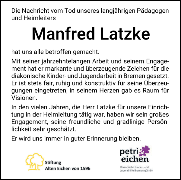 Traueranzeige von Manfred Latzke von WESER-KURIER