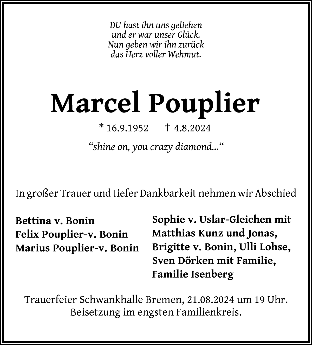 Traueranzeige von Marcel Pouplier von WESER-KURIER