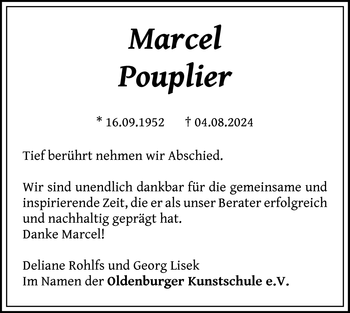  Traueranzeige für Marcel Pouplier vom 17.08.2024 aus WESER-KURIER