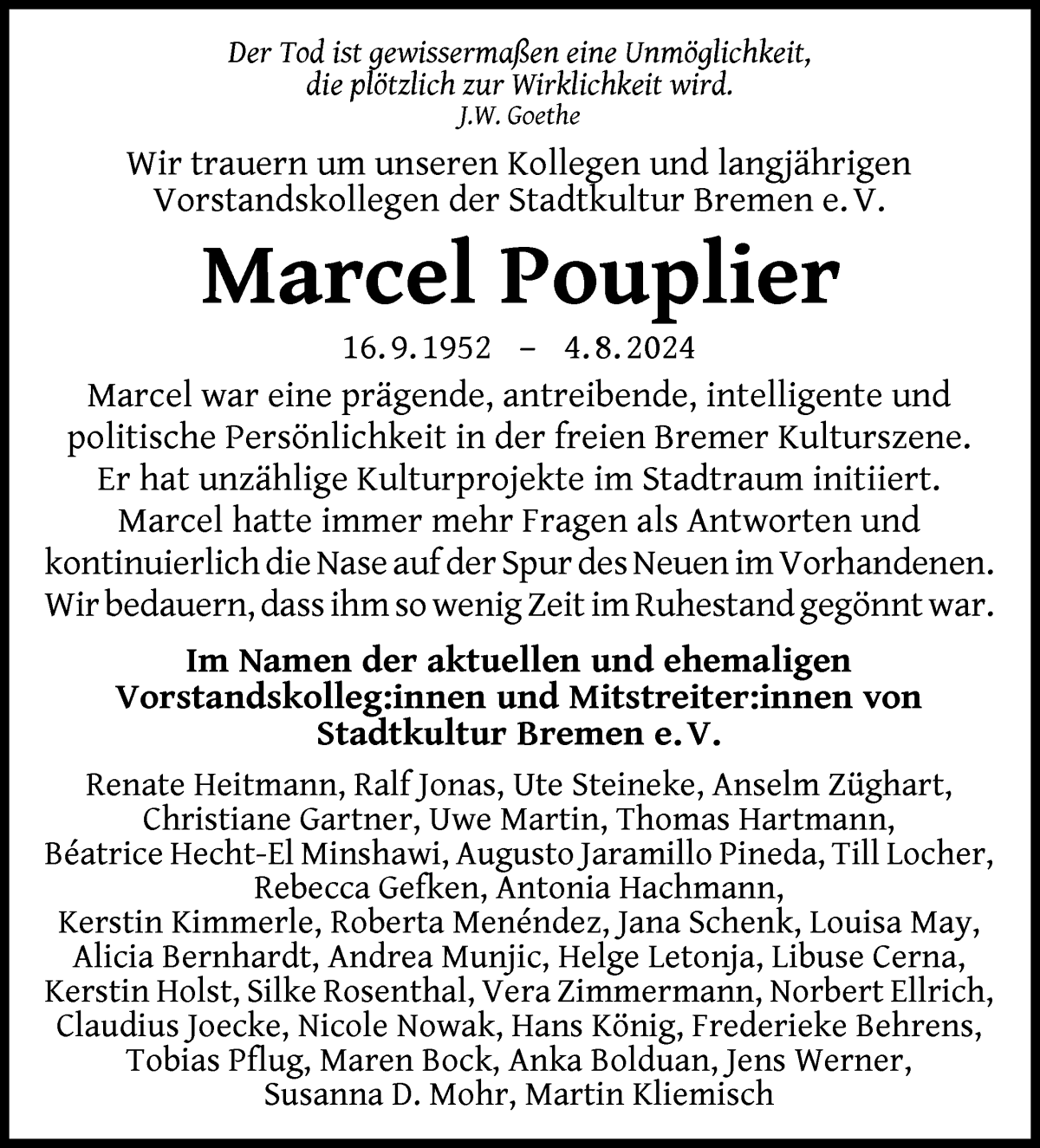  Traueranzeige für Marcel Pouplier vom 10.08.2024 aus WESER-KURIER