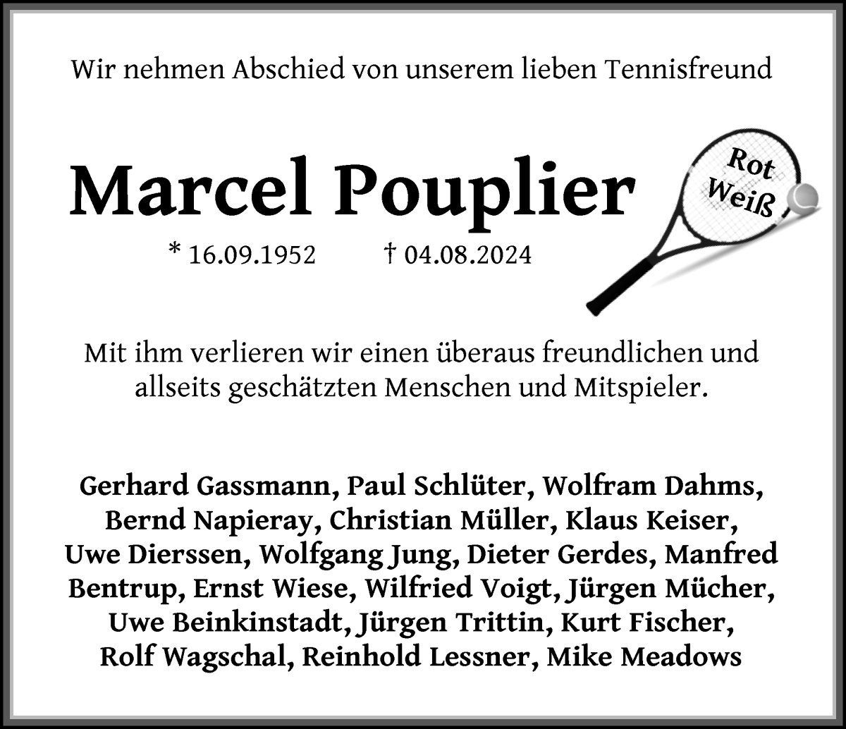  Traueranzeige für Marcel Pouplier vom 17.08.2024 aus WESER-KURIER