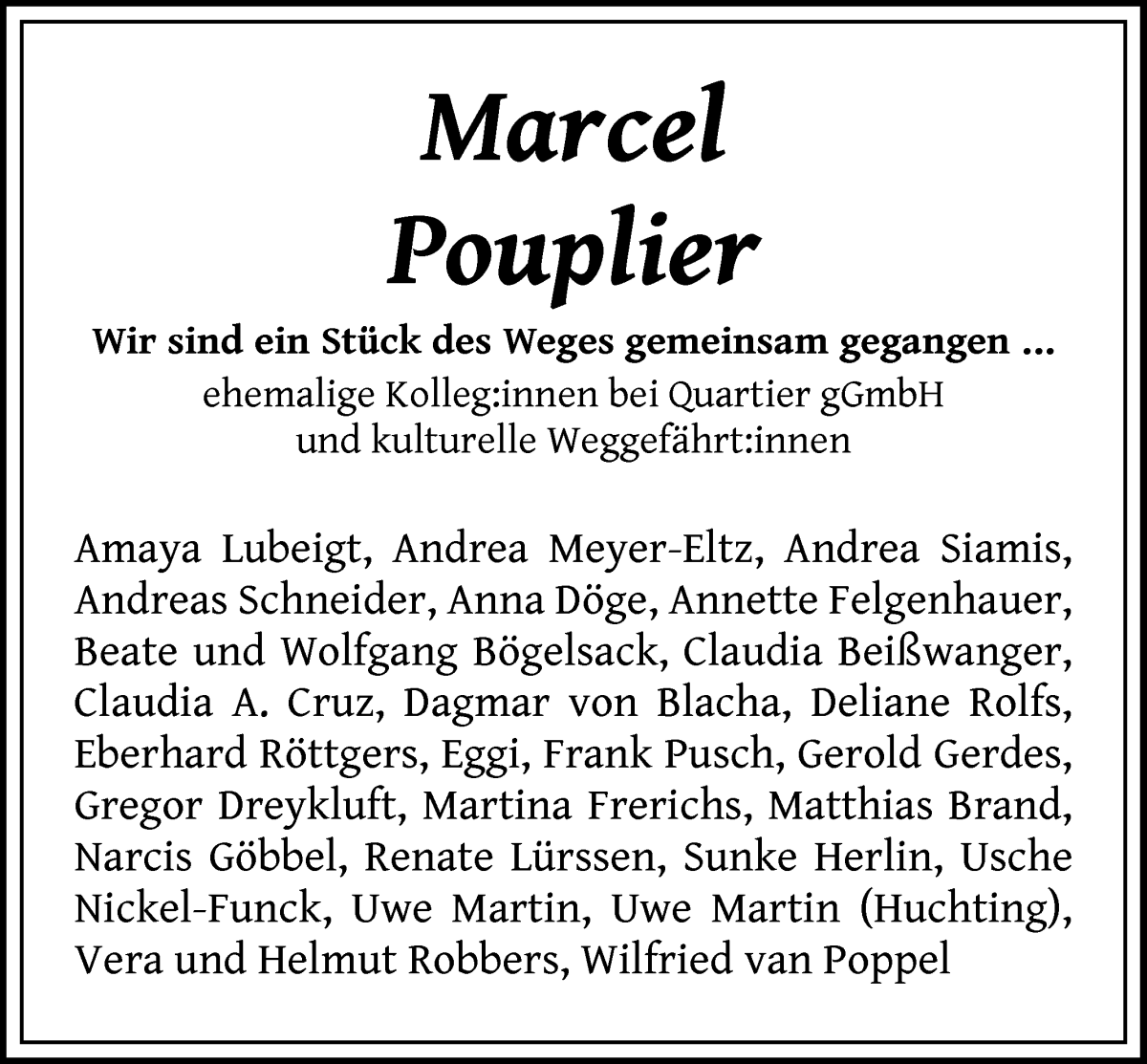  Traueranzeige für Marcel Pouplier vom 10.08.2024 aus WESER-KURIER