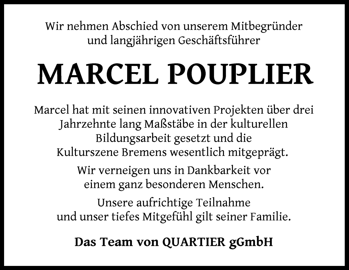 Traueranzeige von Marcel Pouplier von WESER-KURIER