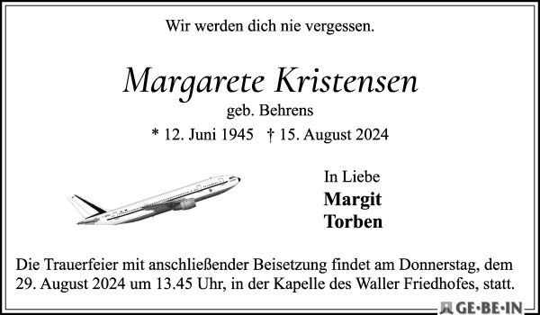 Traueranzeige von Margarete Kristensen von WESER-KURIER