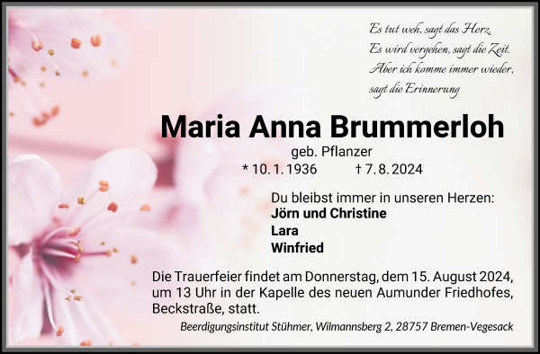 Traueranzeige von Maria Anna Brummerloh von Die Norddeutsche