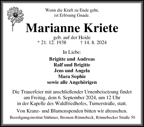 Traueranzeige von Marianne Kriete von Die Norddeutsche