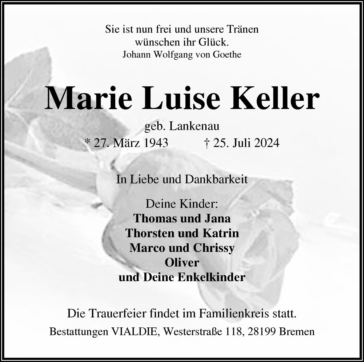 Traueranzeige von Marie Luise Keller von WESER-KURIER