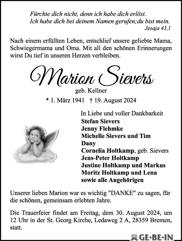 Traueranzeige von Marion Sievers von WESER-KURIER