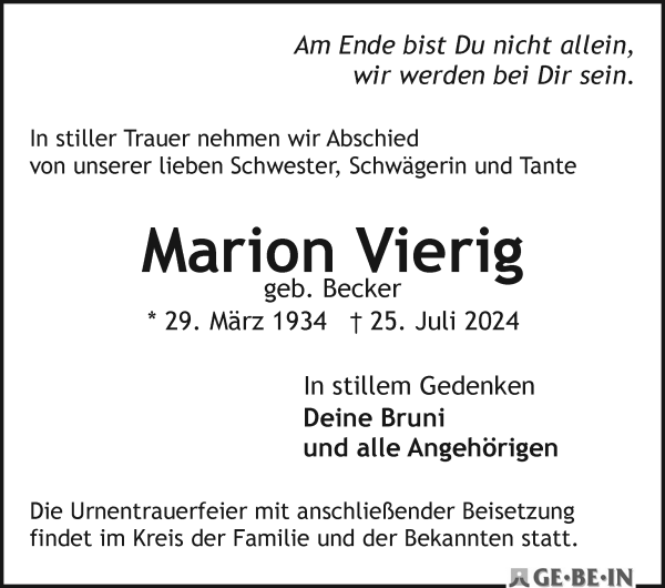 Traueranzeige von Marion Vierig von WESER-KURIER