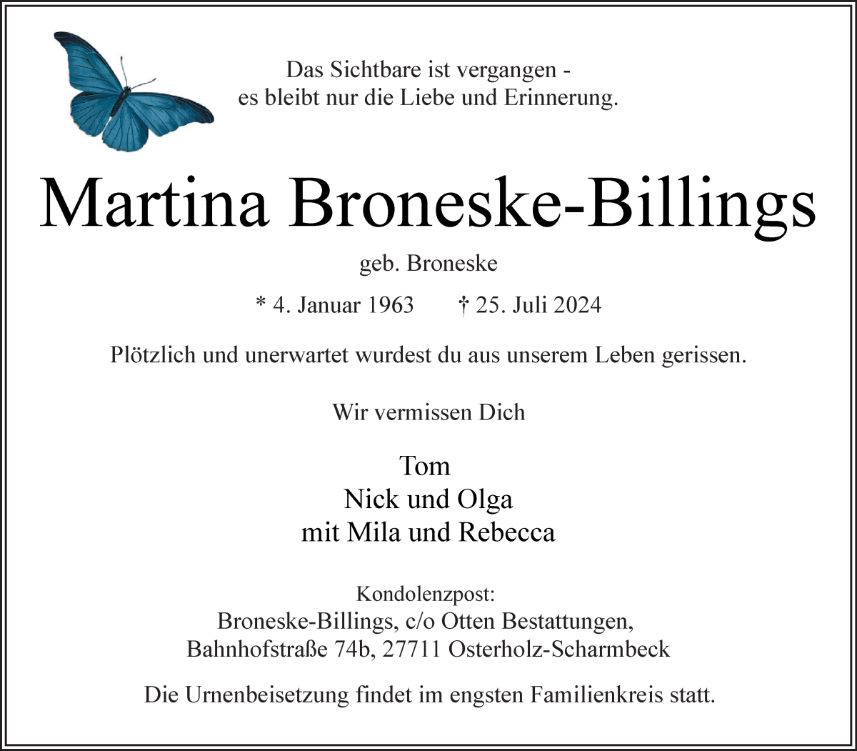 Traueranzeige von Martina Broneske-Billings von Osterholzer Kreisblatt