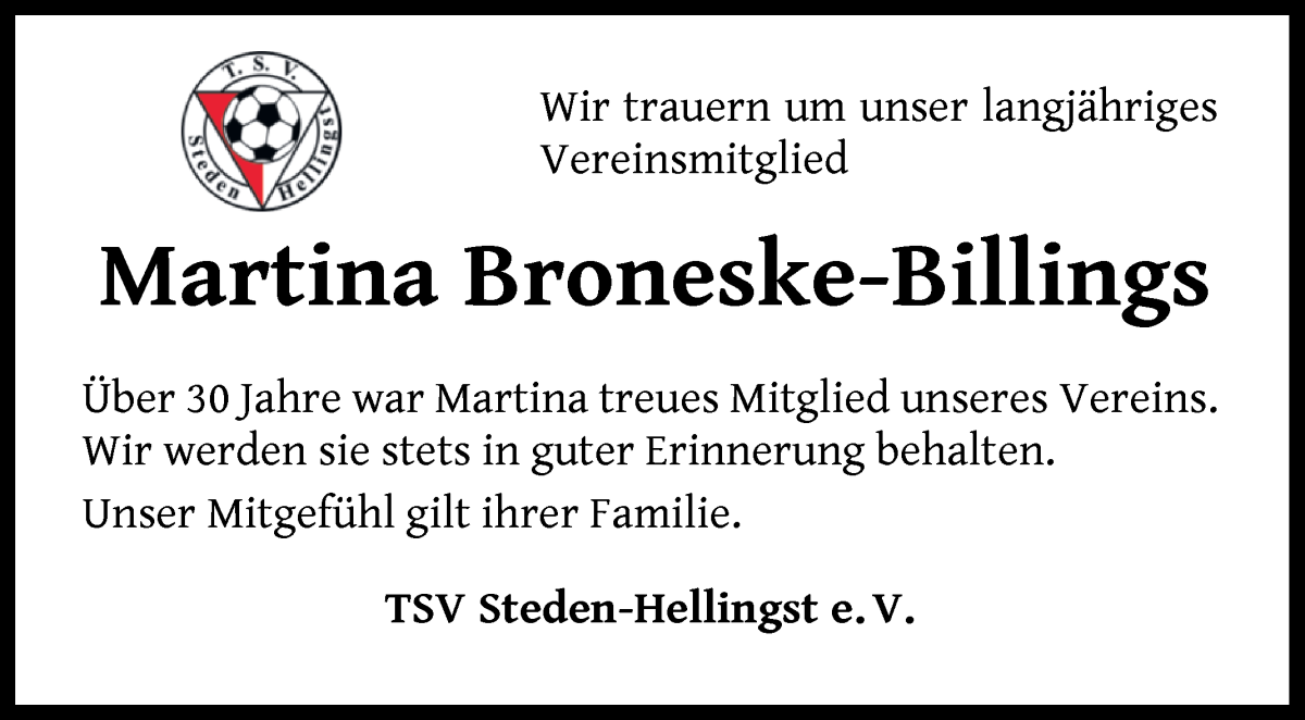 Traueranzeige von Martina Broneske-Billings von Osterholzer Kreisblatt