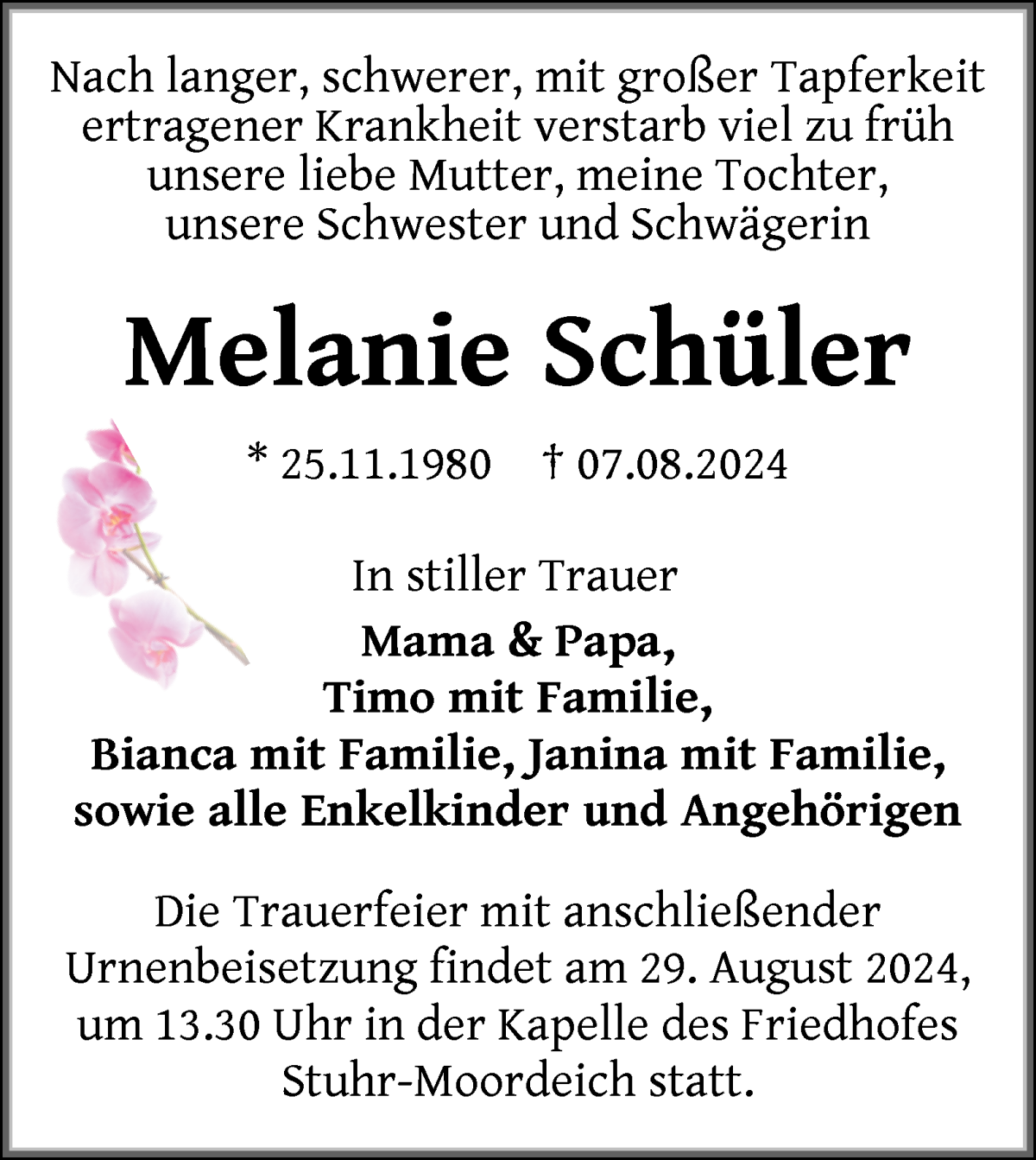 Traueranzeige von Melanie Schüler von WESER-KURIER