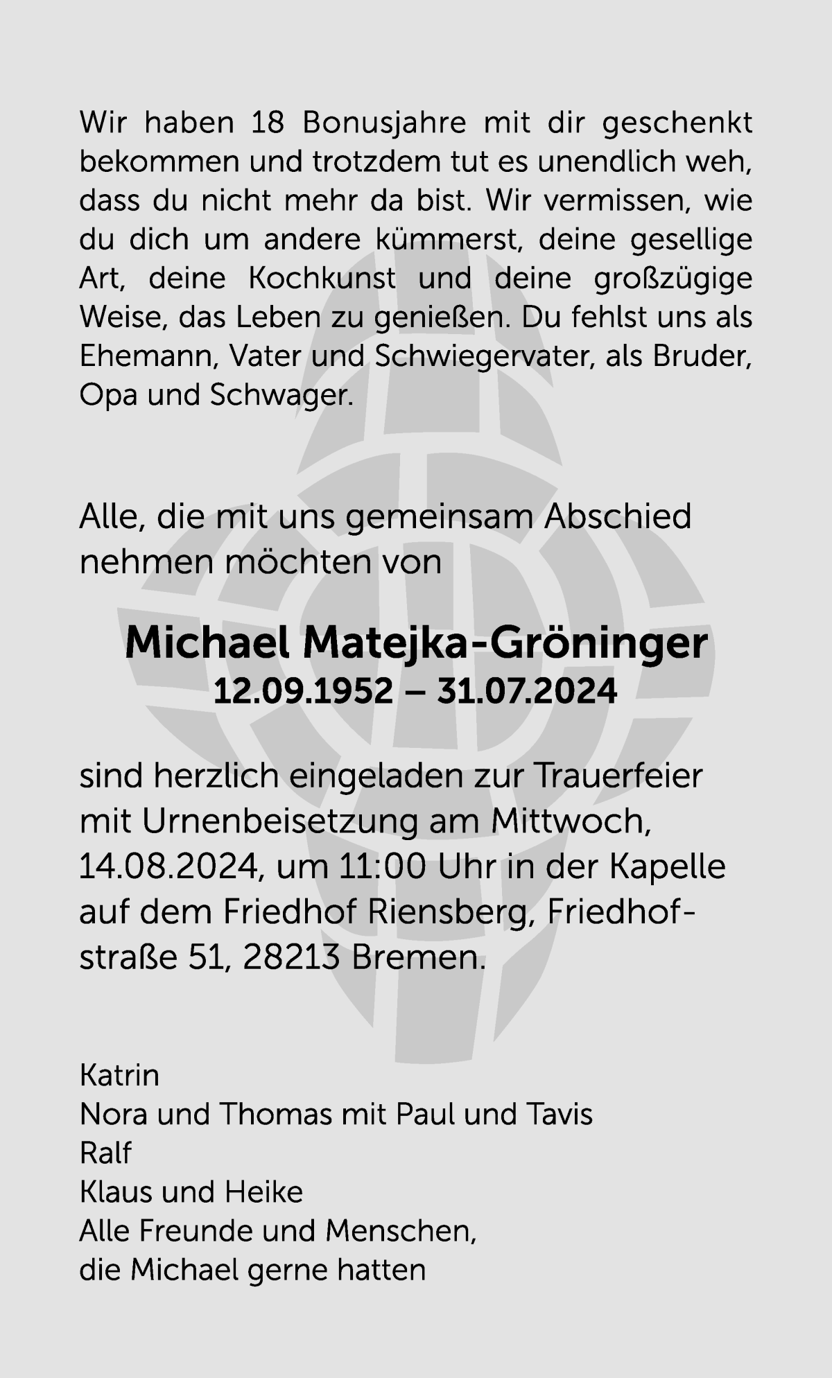 Traueranzeige von Michael Matejka-Gröninger von WESER-KURIER