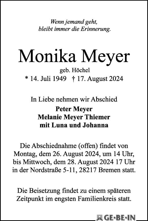 Traueranzeige von Monika Meyer von WESER-KURIER