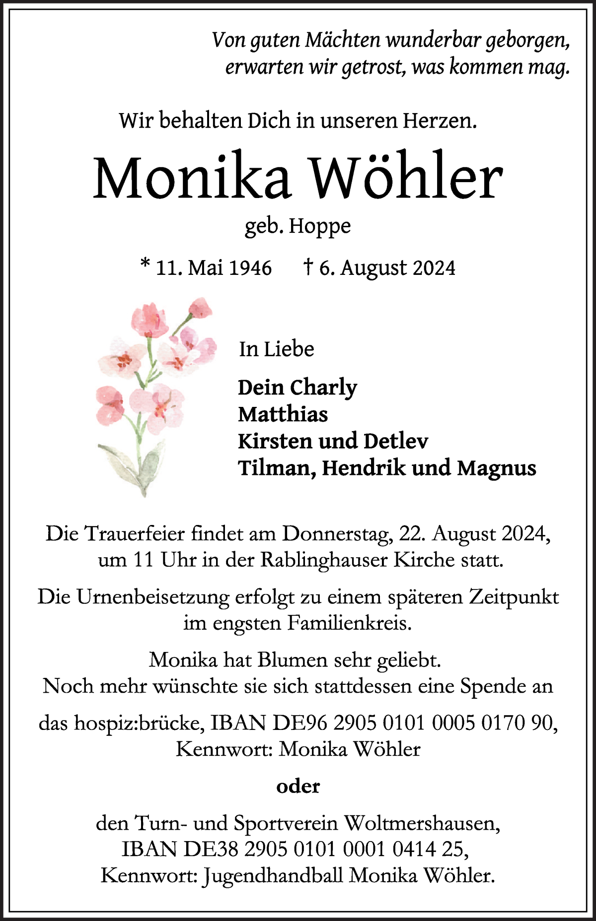  Traueranzeige für Monika Wöhler vom 10.08.2024 aus WESER-KURIER