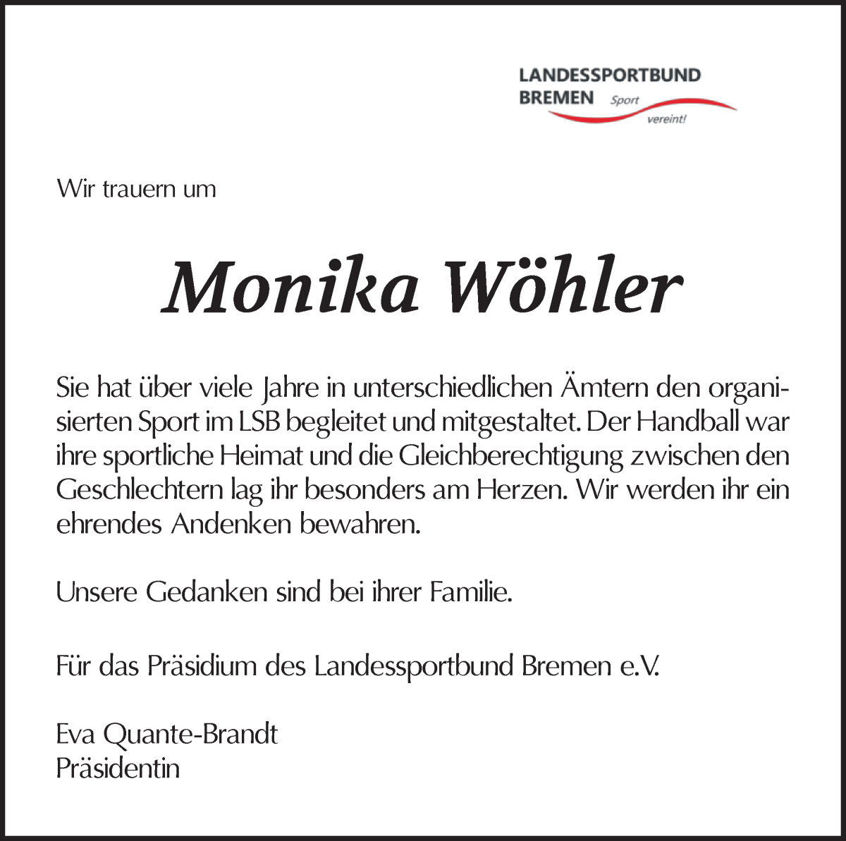  Traueranzeige für Monika Wöhler vom 10.08.2024 aus WESER-KURIER