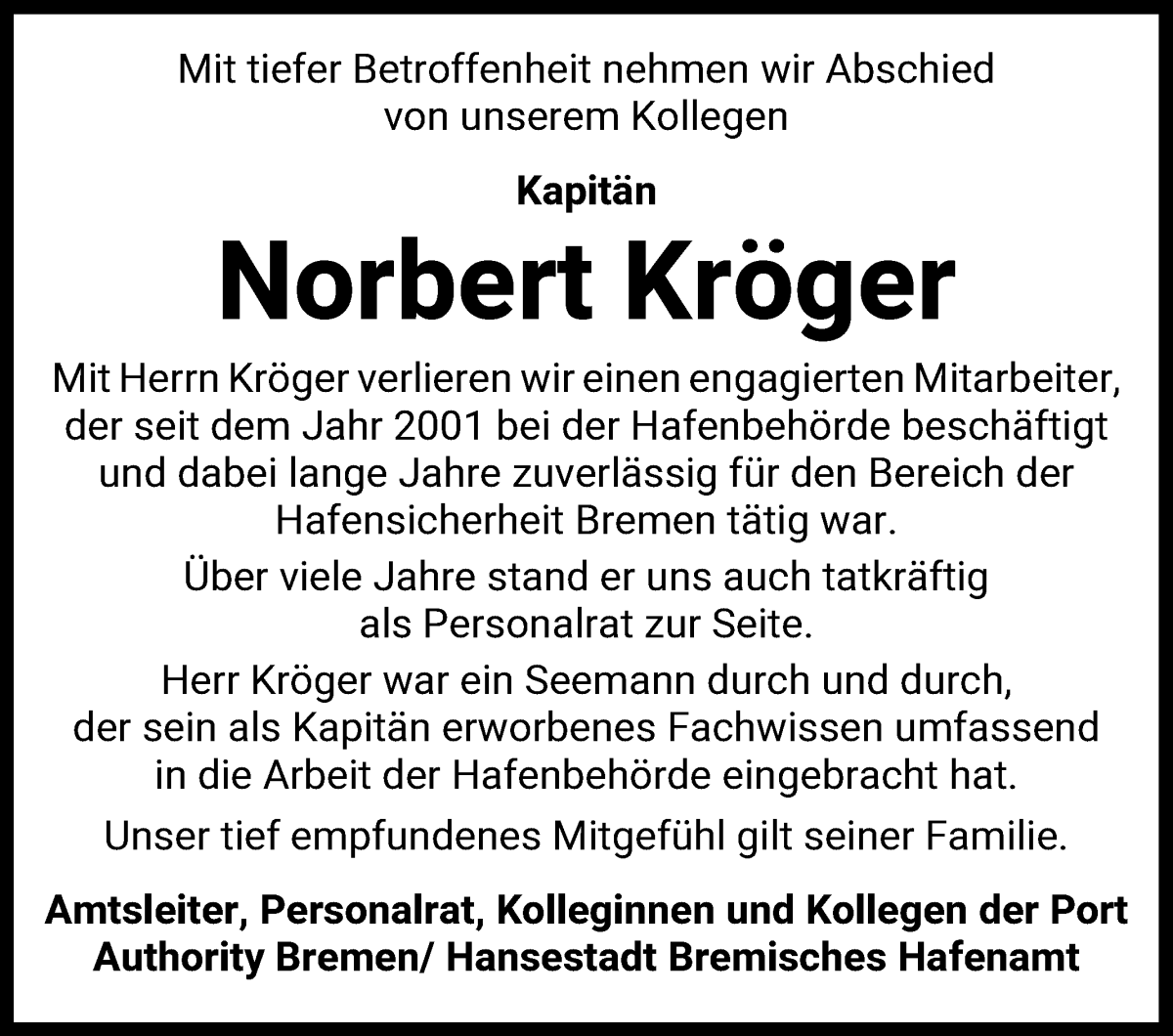 Traueranzeige von Norbert Kröger von WESER-KURIER